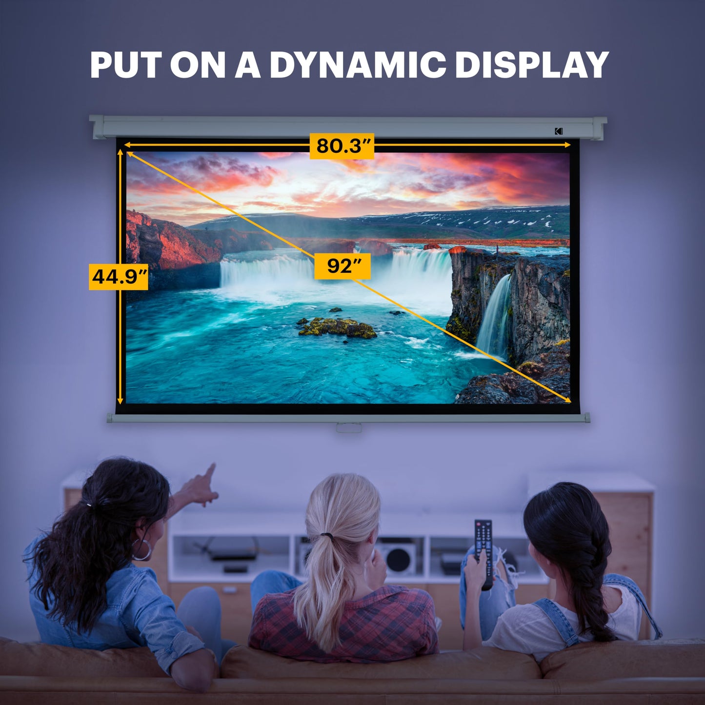Kodak Manual Pull-Down White Projector Screen 92" Inch | Large 16:9 Office, Home Movie Theater Screen with Wall & Ceiling Mount Options, Easy-Clean Matte Fabric & Retractable Hanging Design | Indoor.
