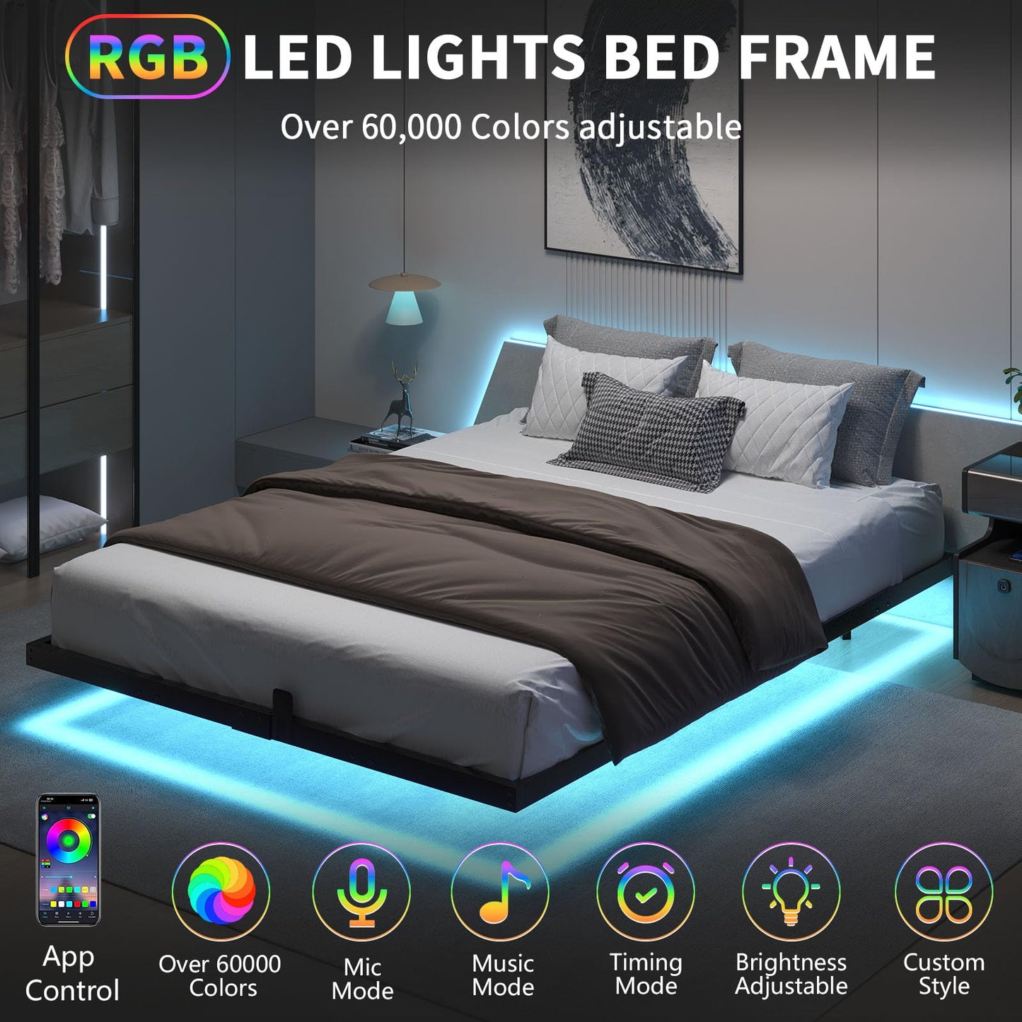 HOMBCK Floating Bed Frame Full Size with Smart LED Lights, Metal Platform Bed, No Box Spring Needed, Noise-Free, Easy Assembly