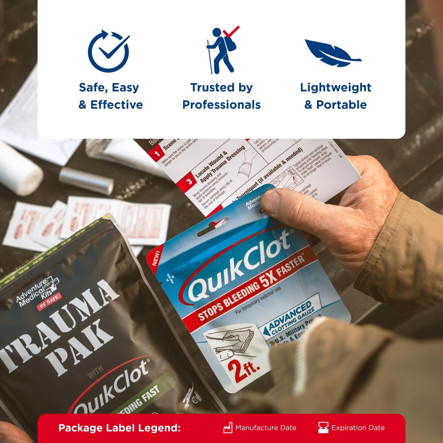 Adventure Medical Kits QuikClot Advanced Clotting Gauze - Stops Bleeding Up to 5X Faster Than Standard Gauze - Kaolin Hemostatic Dressing - for First Aid Kits & Survival Gear - 3 x 24