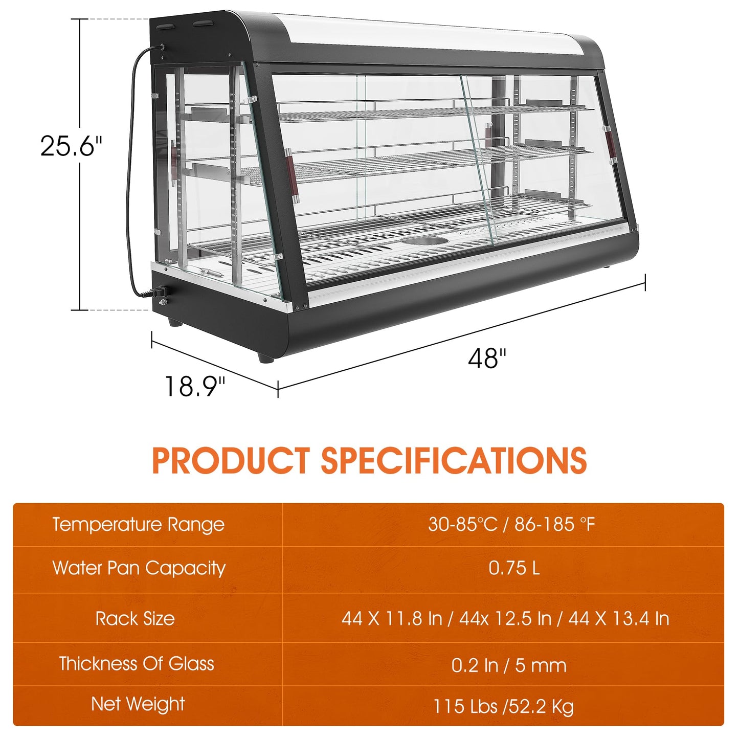 Countertop Food Warmer 48" inch,3-Tier Commercial Warmers for Food Display, Glass case, with LED Lighting Removable Shelves Pastry for Buffet Restaurant