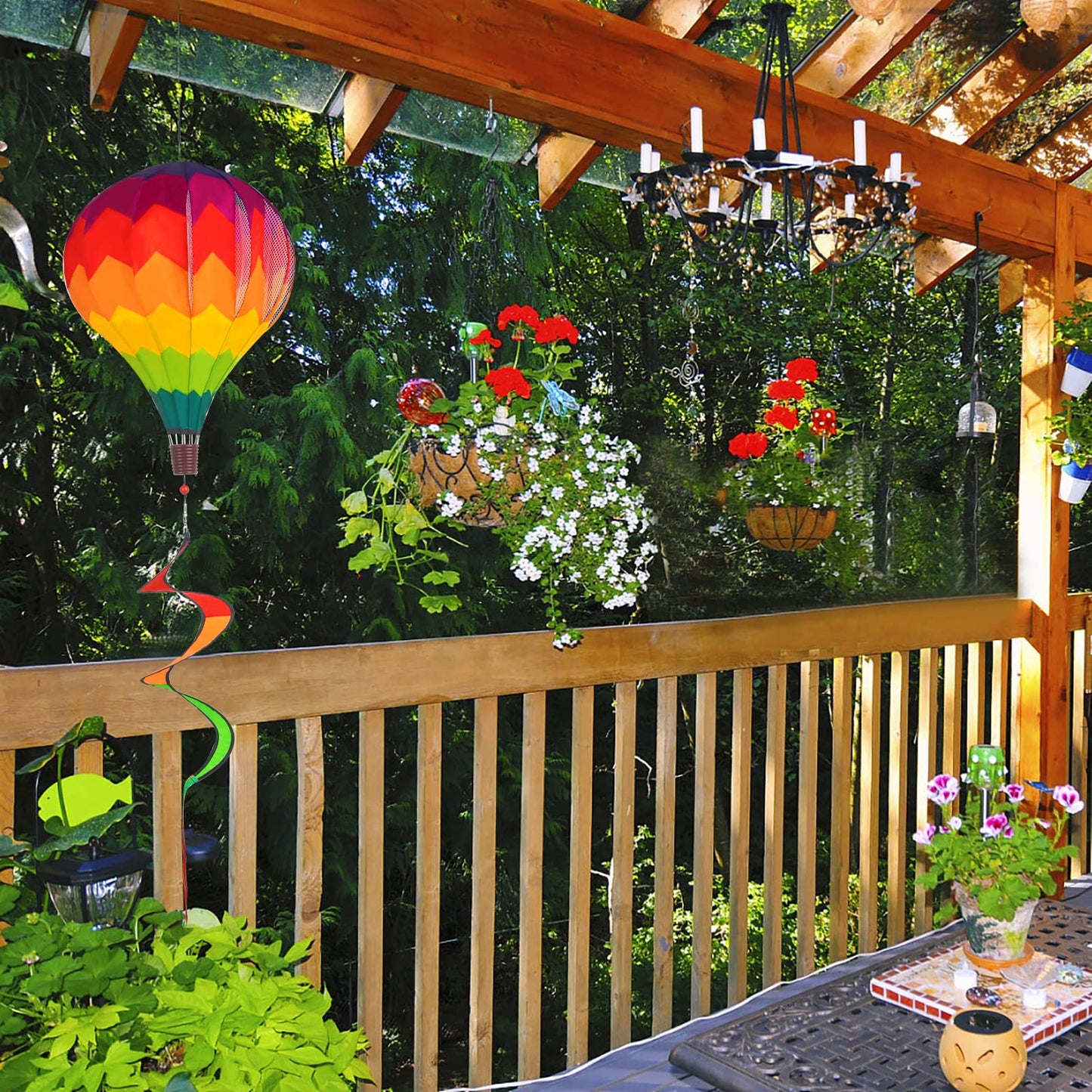BusyLittleBee 2Pack Multicolor Hot Air Balloon Rainbow Wind Spinner Garden Decor, 59" H x 12" W, Nylon, UV & Weather Resistant, Fully Collapsible