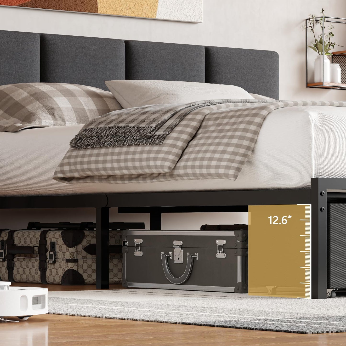 Furnulem Queen Bed Frame with Headboard,Platform Bed Frame Queen Size with 2 Storage Drawer, Upholstered Bedframe with Charger Station and LED Lights