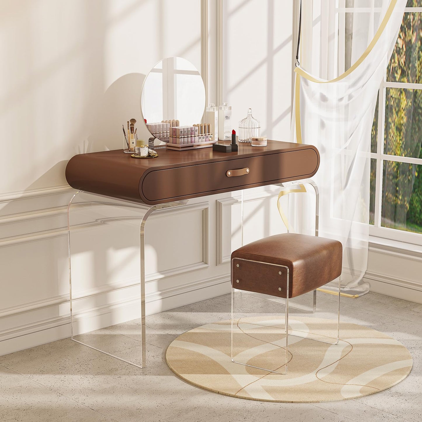 bitaycan Leather Vanity Stool Chair, Modern Ottoman and Foot Rest with Leather and Acrylic Leg for Makeup Room, Living Room, Bedroom, Brown