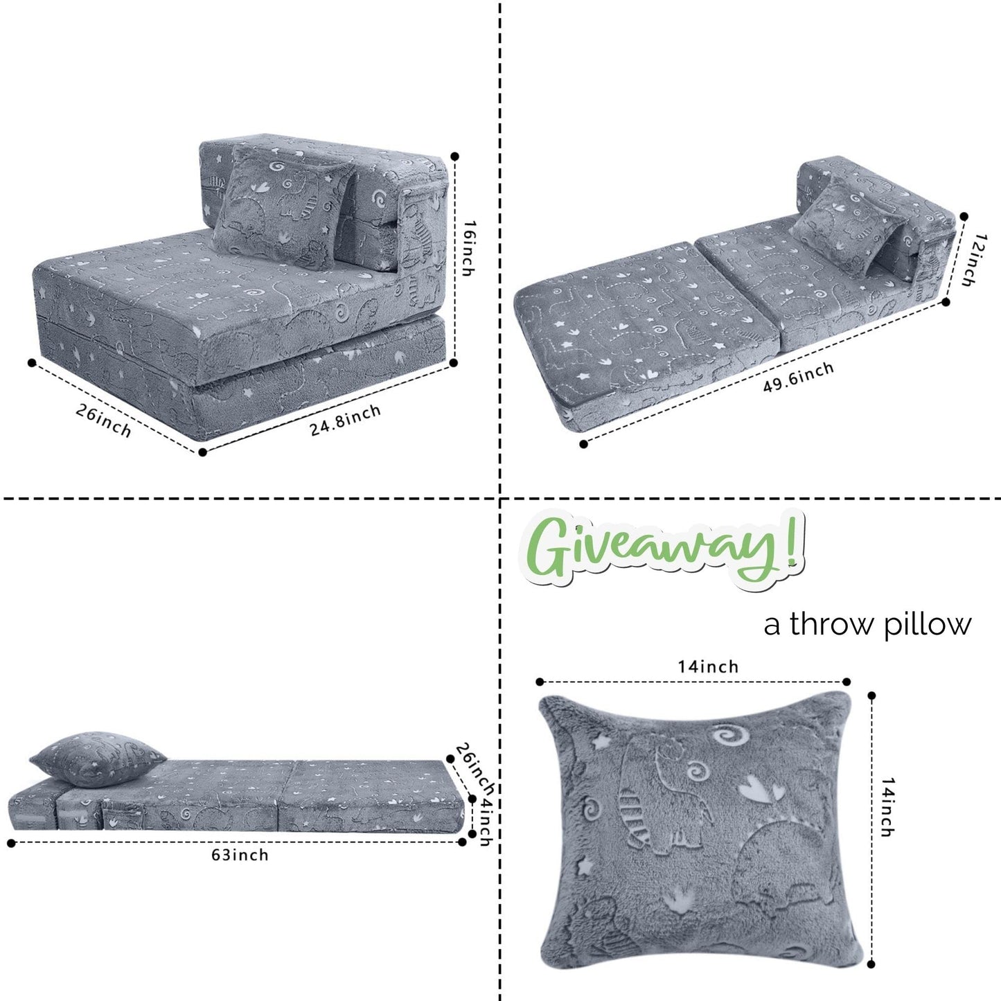 MeMoreCool Kids Floor Mattress Glow in The Dark, Convertible Sofa Couch, Folding Futon Chair Bed Sleeper for Baby Playroom (Glowing Dinosaur)