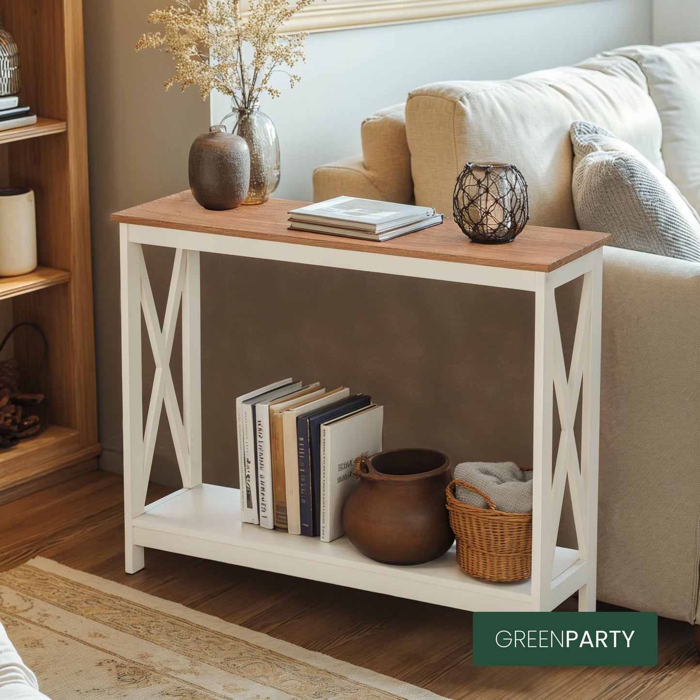 GREEN PARTY Vintage Farmhouse Entryway Console Table, 2-Tier Narrow Sofa Table with Storage Shelf for Living Room and Hallway, Rustic White Accent Furniture with Sturdy X-Shaped Legs