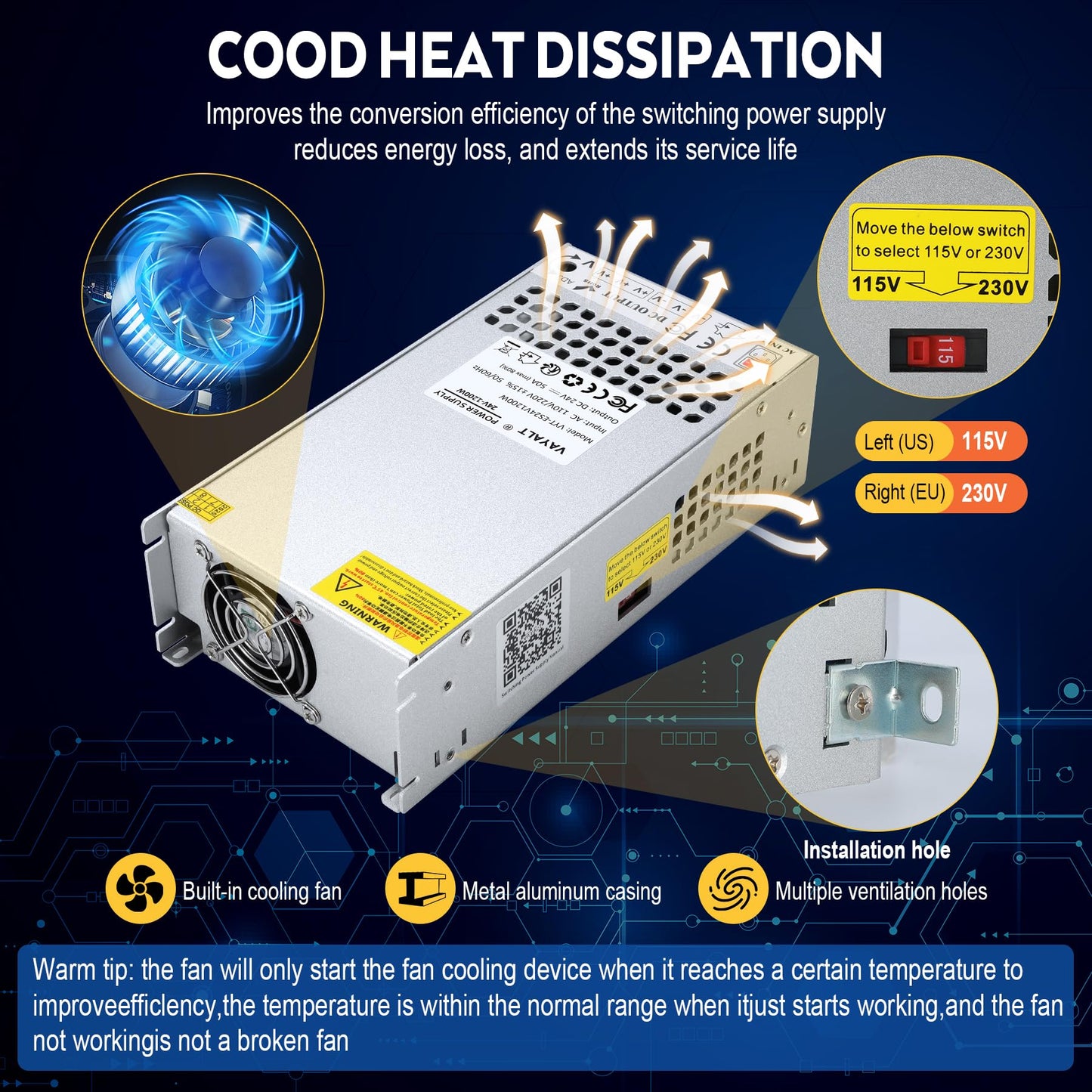VAYALT 24V 50A 1200W DC Switching Power Supply, Universal Regulated Switching AC 110V/220V to DC 24V Transformer, Power Supply for Industrial, CCTV, Computer Project, LED Strip Light (No Power Cord)