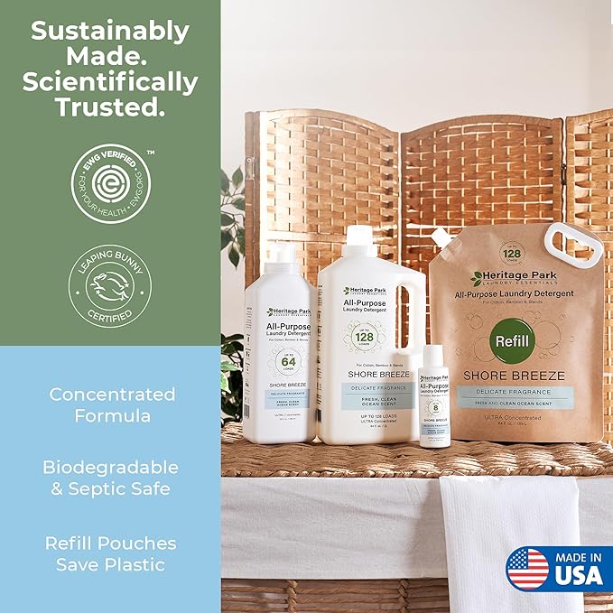 Heritage Park Luxury Laundry Detergent | Dermatologist Tested Plant based Natural & Enzyme Laundry Detergent | Sensitive Skin Friendly - Shore Breeze (64 fl oz)