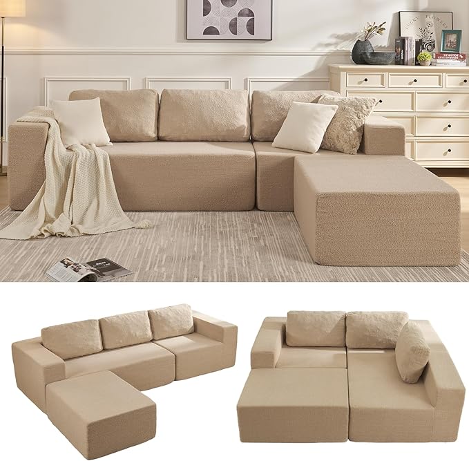Furnify Loveseat Sofa, Cloud Modular Sofa Couch, Upholstered Floor Sofa with Deep Seat, Upholstered Foam Couch for Bedroom Living Room, No Assembly Required (Teddy Boucle, Camel)