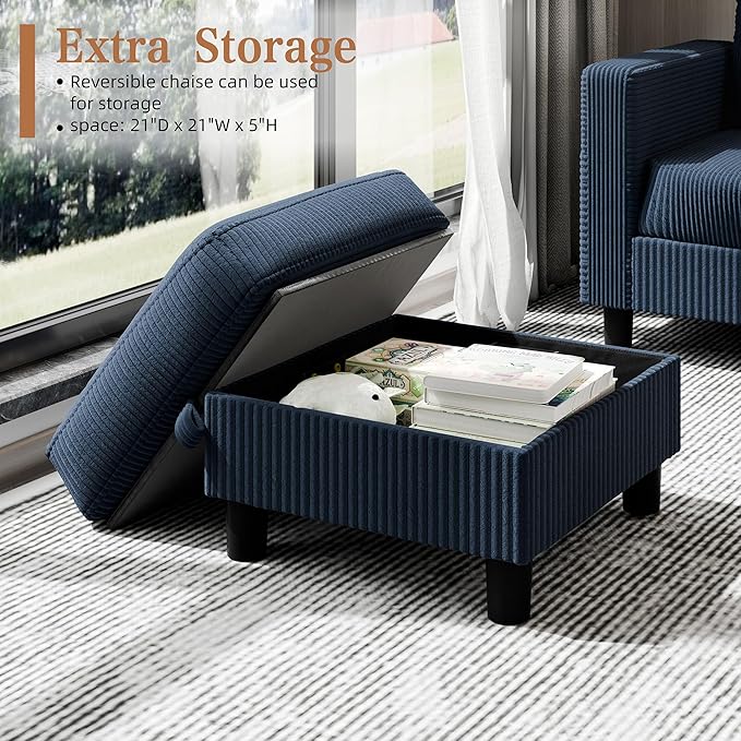 Shintenchi 76" Modern Upholstered Sectional Sofa, L-Shaped Couch with Storage Ottoman and Reversible Chaise for Living Room, Blue Corduroy Fabric