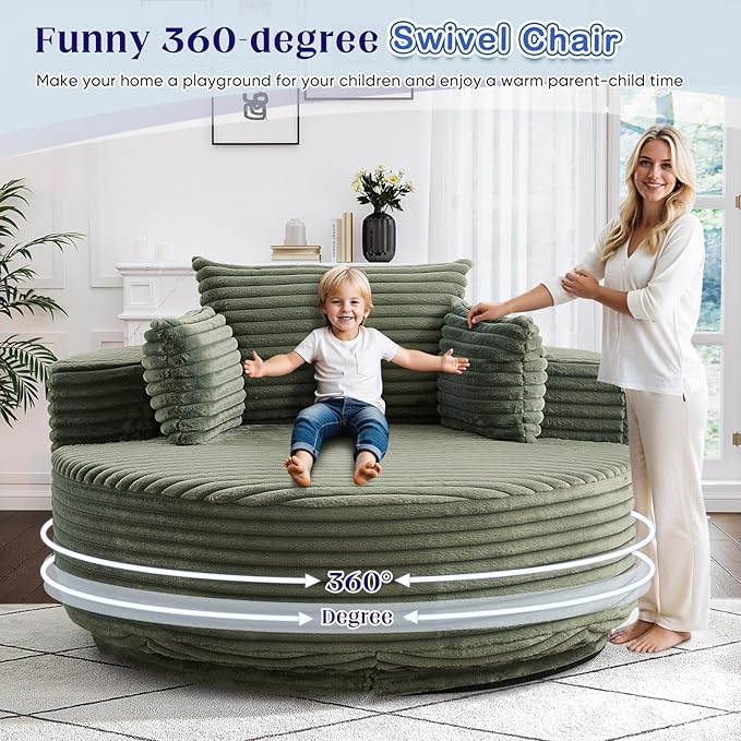 360-Degree Oversized Swivel Chair, Modern Round Circle Corduroy Comfy Deep Seat Swivel Accent Chaise Lounge Sofa Chair with Back Cushion & 2 Throw Pillows for Living Room Bedroom Office, Green