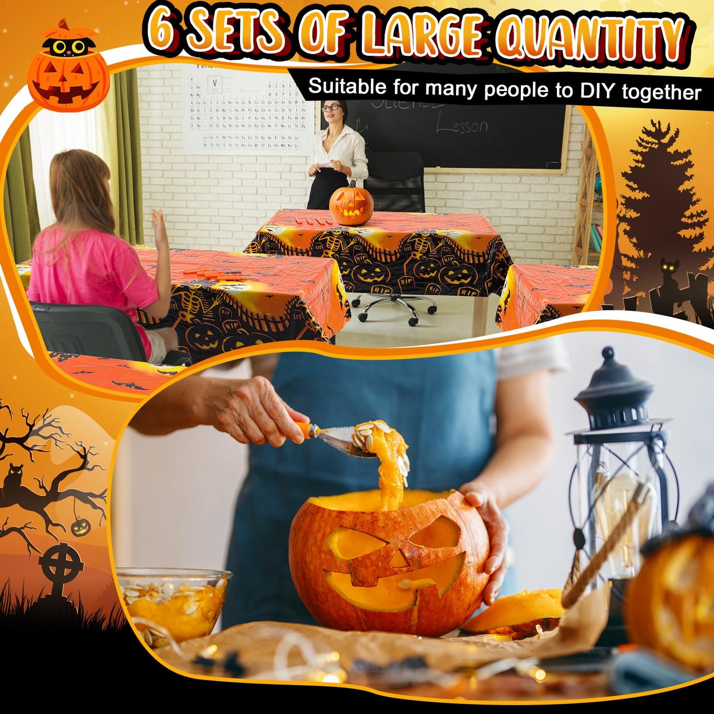 Tioncy 52 Pcs 6 Set Halloween Pumpkin Carving Kit Heavy Duty Stainless Steel Pumpkin Carving Tools with Storage Bag Tablecloth Stickers Tea Lights for Family Party Halloween Decor