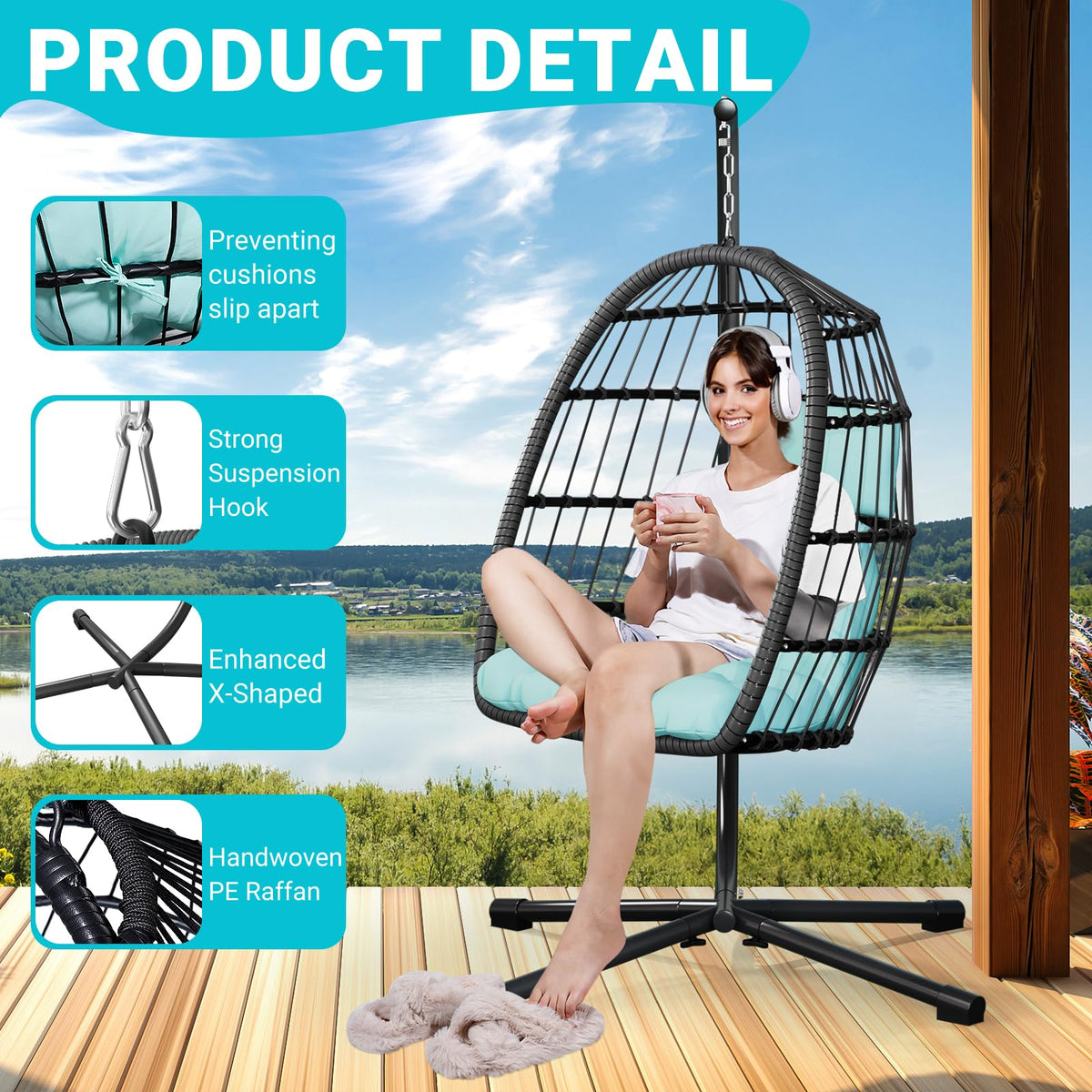 LEVELEVE Egg Chair with Stand,Patio Rattan Wicker Hanging Swing Egg Chair Hammock Chair for Bedroom Porch Garden,Thickened Aluminum Alloy Steel Frame and UV Resistant Cushion,350LBS Capacity