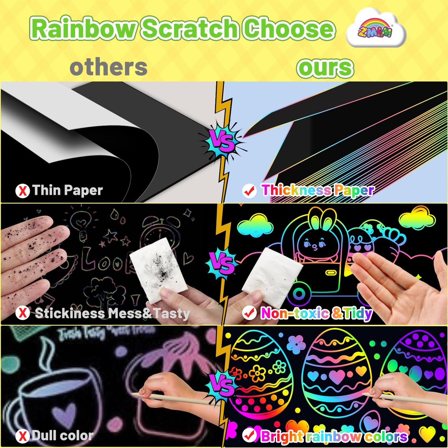 ZMLM Rainbow Scratch Easter Crafts - 60 Rainbow Scratch Paper for Girls Boys Toys Gifts, Arts and Crafts Gifts for Kids Activities, Scratch Art for Kids Easter Basket Stuffers Gift