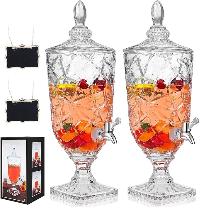 Zhehao 2 Pcs Drink Dispensers for Parties 0.8 Gallon Glass Beverage Dispenser Clear Vintage Crystal Beverage Dispenser wit...