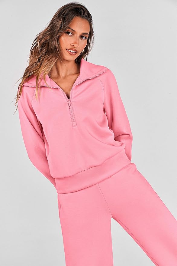 PRETTYGARDEN Women's 2 Piece Outfits Casual Lapel Half Zip Sweatshirts and Wide Leg Pants Tracksuit Sets