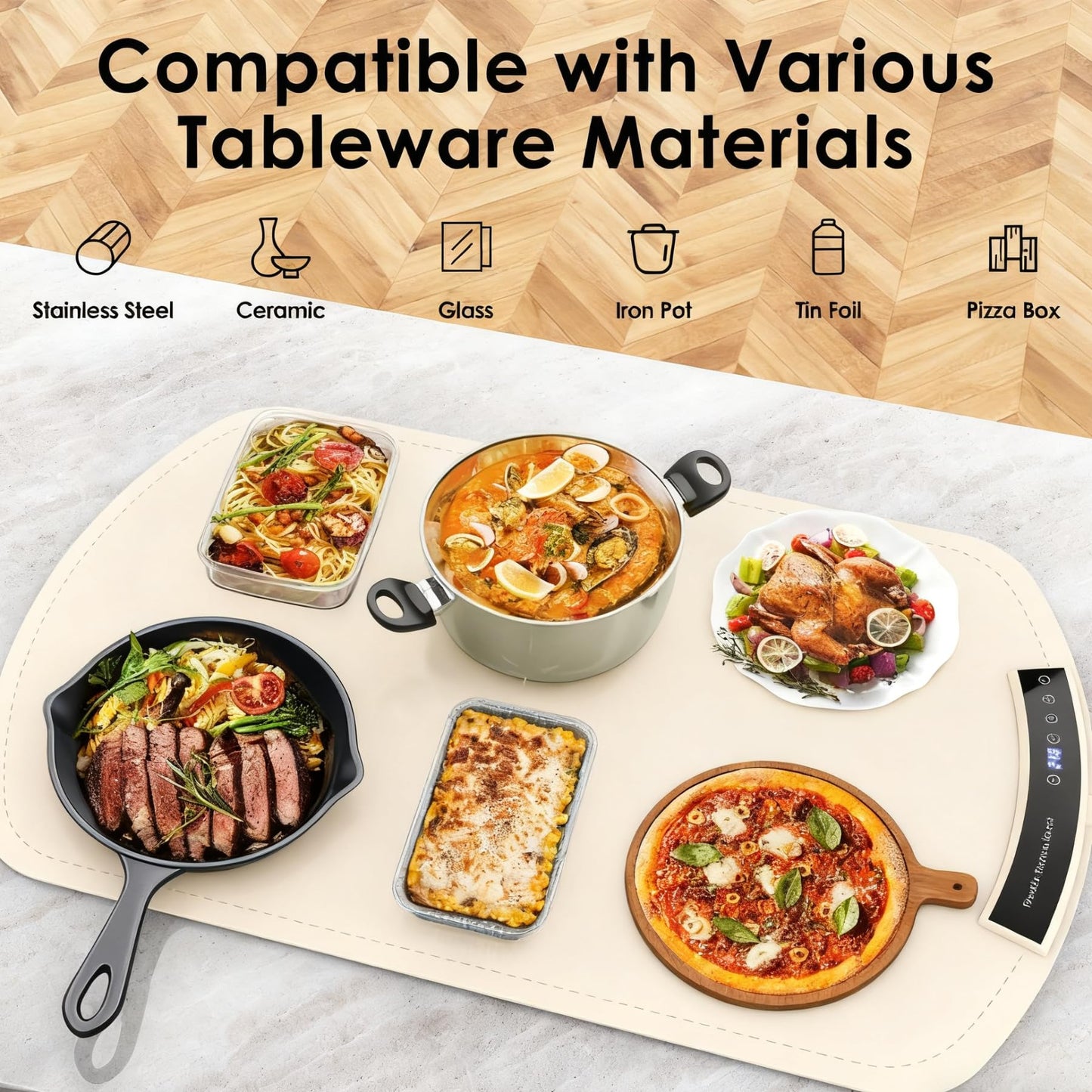 Food Warming Mat, Electric Warming Tray for Buffets & Parties, Silicone Heating Mat for Food with 9 Temperature Settings, Roll-Up Storage, 25.8"x15.6"