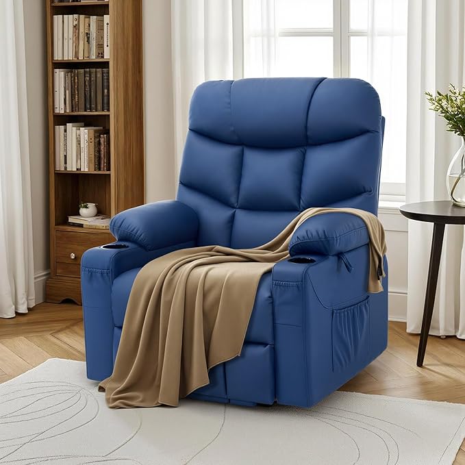 MCombo Power Lift Recliner Chair with Extended Footrest for Elderly People, Faux Leather 7287 (Navy Blue, Medium)