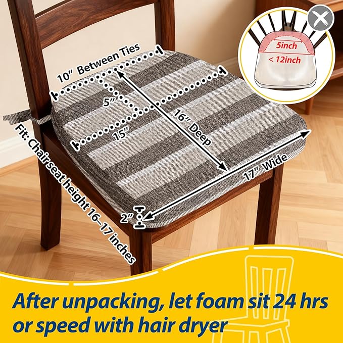 AAAAAcessories D-Shaped Chair Cushions, 2" Thick Dining Chair Pads with Ties and Removable, Machine-Washable Cover, 17" x 16", Set of 8, Boldstripes Chocolate/Beige