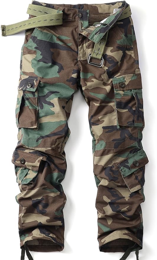 AKHIKING Men's Camo Cargo Work Pants Ripstop Lightweight Wild Army Military BDU Outdoor Trousers with 8 Pocktets (No Belt)