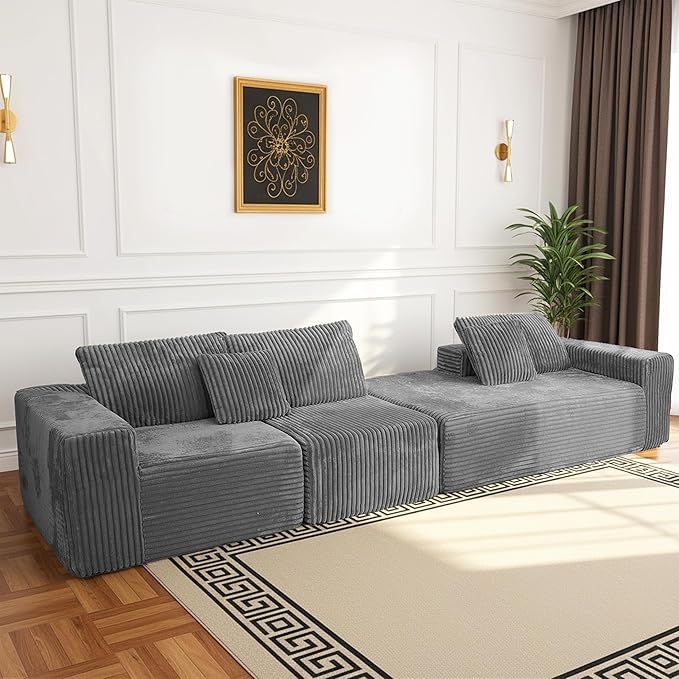 SEENYOO 112.99" Boneless Cloud Couch, L Shaped Sectional Sofa with Chaise, No Assembly Required, Sink-in Corduroy Fabric & Memory Foam, Plush Modular Sofa for Apartment, Lounge, Dorm (Grey)