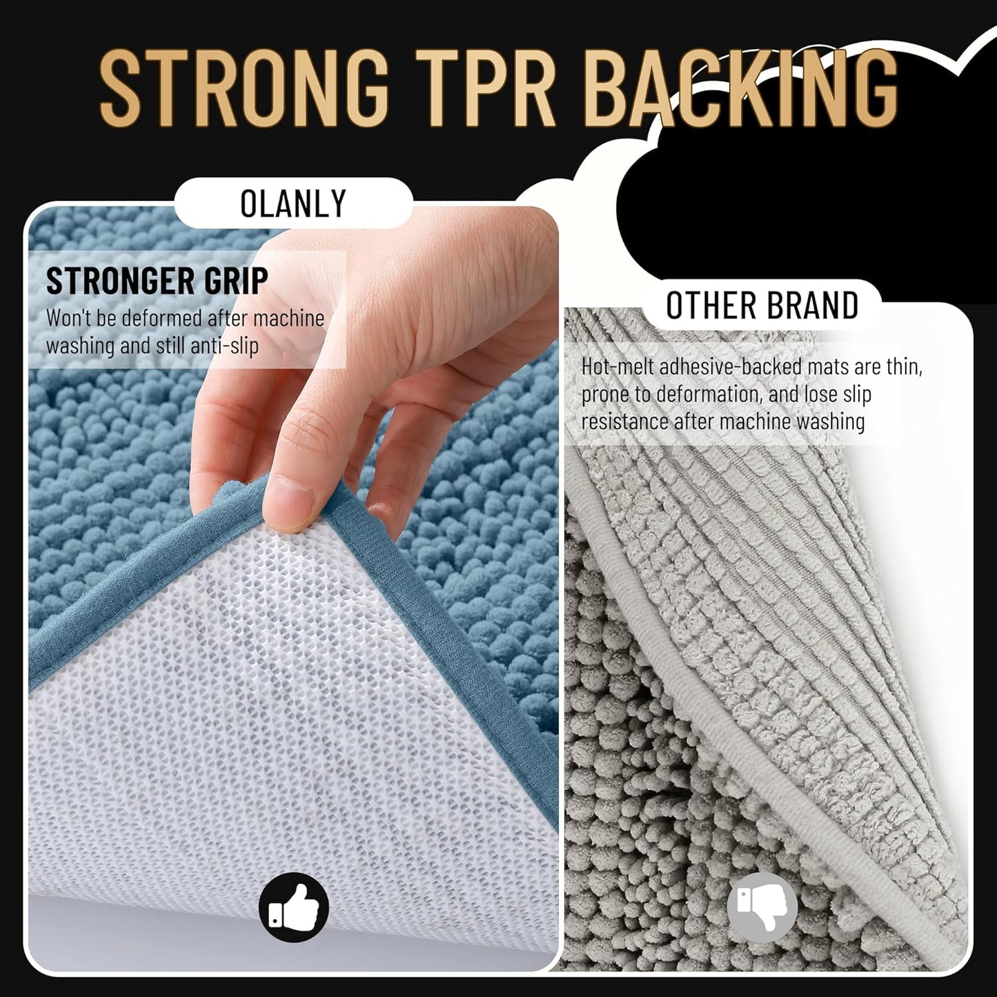 OLANLY Thick Bathroom Rugs 24x16, Extra Soft Absorbent Chenille Striped Bath Rugs, Rubber Backing, Machine Wash Dry, Bath Mats for Bathroom Floor, Tub and Shower, Home Decor Accessories, Airy Blue