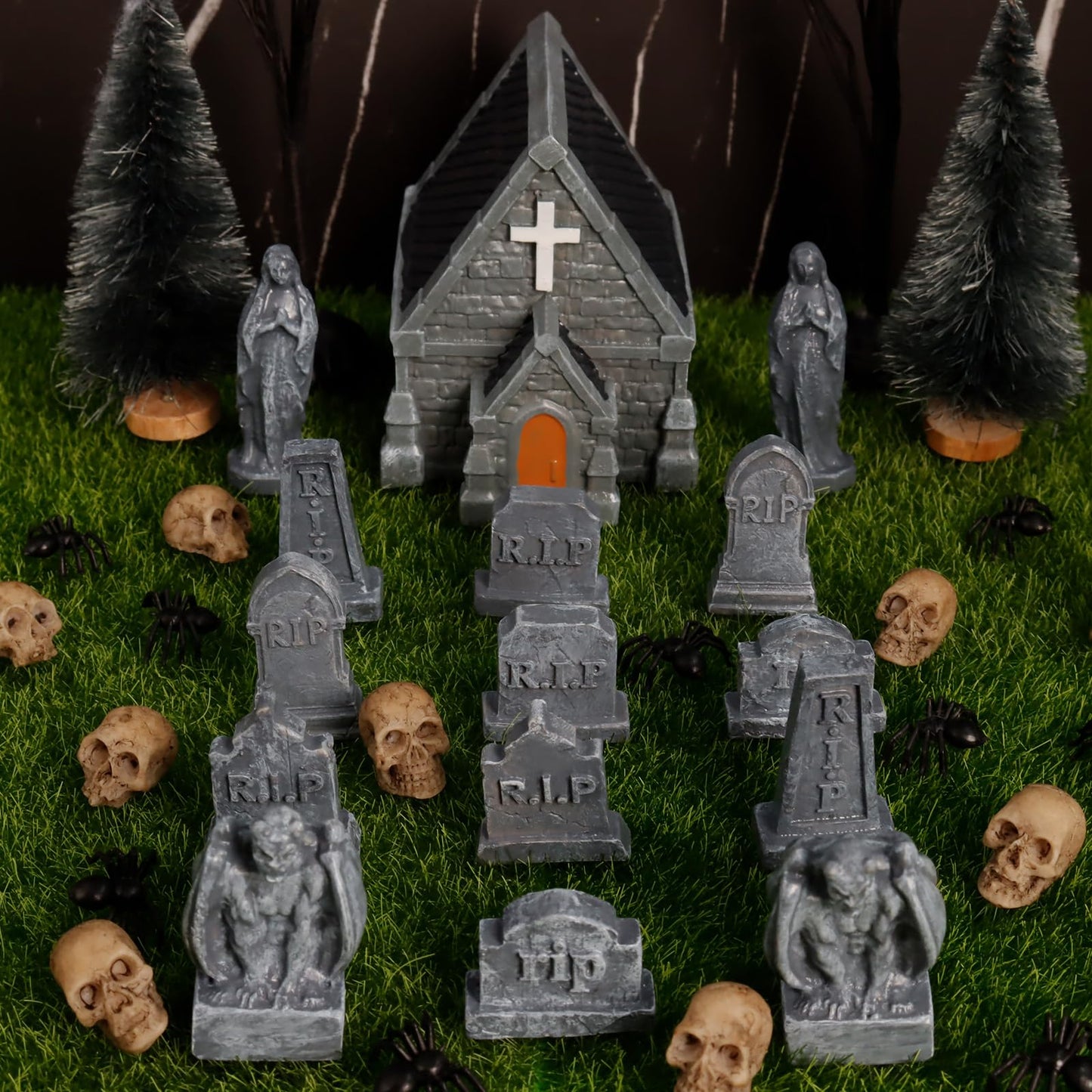 Rileryan 15 PCS Miniature Church Tombstones Gargoyle Virgin Figurines DIY Graveyard Scenes for Halloween Village Decorations Accessories Cemetery Terrain Scenery