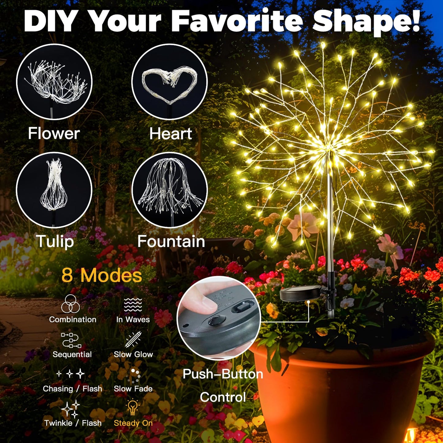 suddus Solar Garden Lights Outdoor Waterproof Decorative, Upgrade 2Pack 150LED Firework Lights, Solar Fairy Lights for Yard, Garden, Party, Patio, Pathway, Flowerbed - Warm White