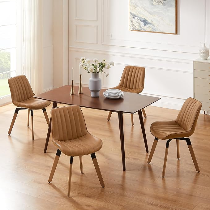 Art Leon Dining Chairs Set of 4, Mid Century Modern Swivel Kitchen Dining Room Chairs, Upholstered Faux Leather Armless Side Chairs with Wood Legs for Living Room Bedroom, Red Brown