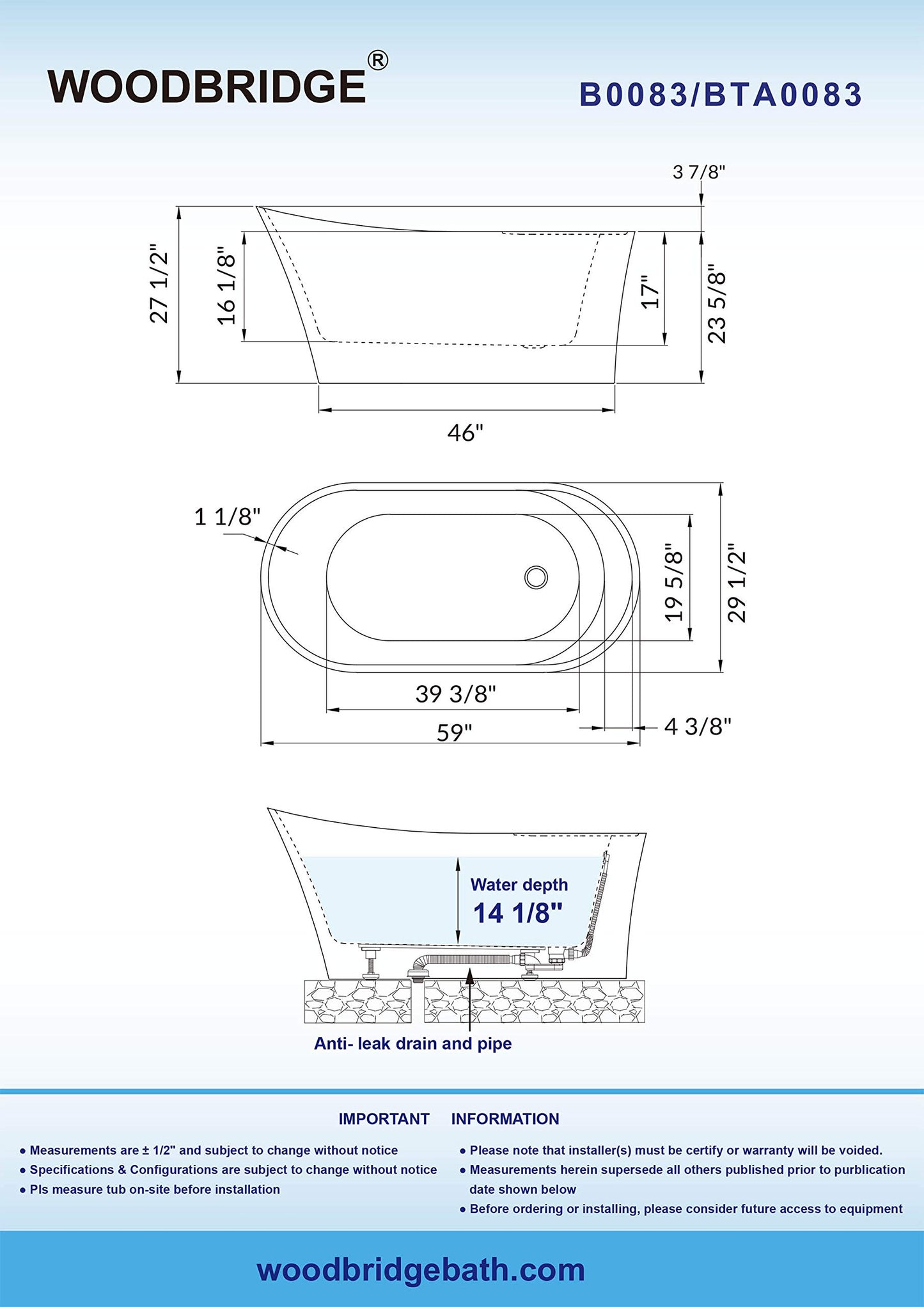 WOODBRIDGE 59" Acrylic Freestanding Bathtub Contemporary Soaking Tub with Matte Black Overflow and Drain B0083-MB-Drain &O,White