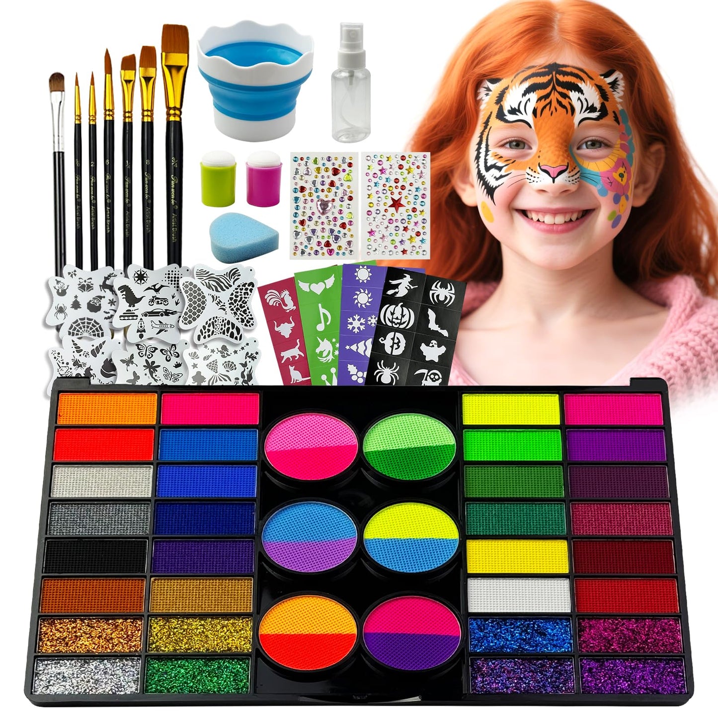 Professional Face Painting Kit for Kids,42 Color Water Activated Face Paint with Stencils,Brush,Wash Cup,Spray Bottle for Halloween, Parties, Carnival, School Event & Festivals (44-Color)