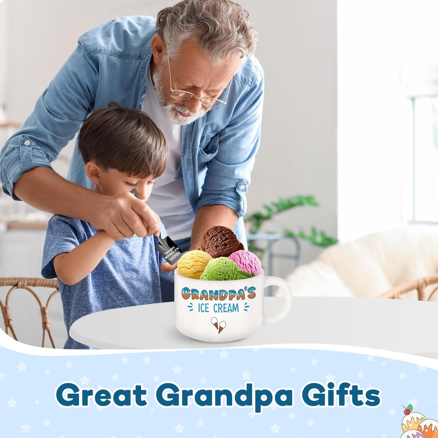 Grandpa Christmas Birthday Gifts,Best Grandpa Ever Gifts from Grandkids,Great Xmas Present for Grandfather Grandparents Papa from Granddaughter Grandson,Funny Ice Cream Bowl with Shovel Spoon Set Gift