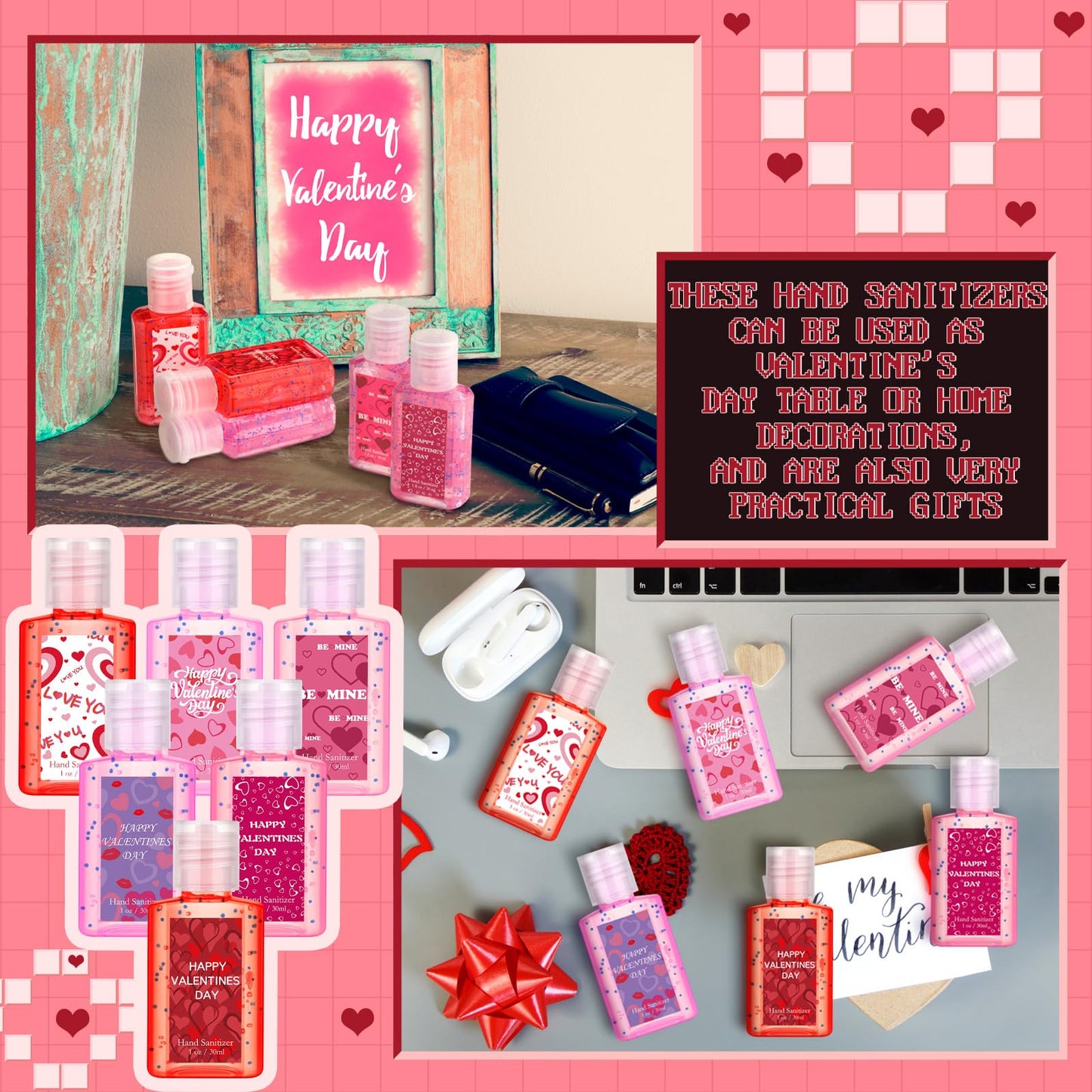 24 Pack Valentines Mini Hand Sanitizers Bulk Travel Size 1 oz Small Hand Sanitizer Gel Scented Heart Conversation Valentines Gifts Favor Galentines Day Gift Basket Stuffer Adult Teacher Women Wife