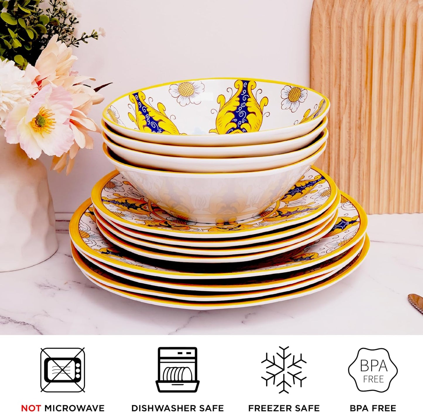 TP 12-Piece Dinnerware Set, Melamine Dishes Set with Bowls and Plates, Non-breakable and Lightweight Dinner Service for 4, Luxury Yellow