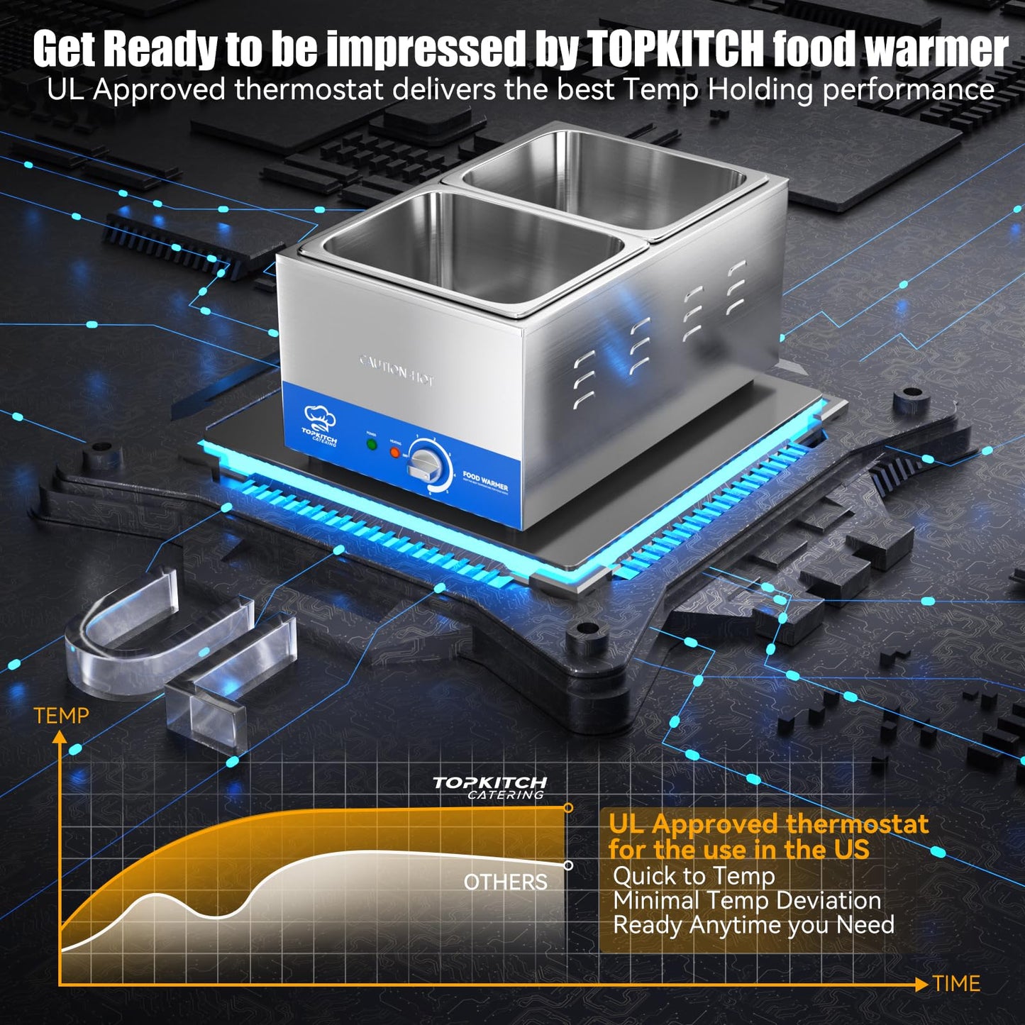 TOPKITCH 2-Pan Commercial Food Warmer with Non-Leakage Stretch-Forming Water Tank &2 of 1/2 Size GN Pan,18L Countertop Steam Table Soup Station Bain Marie for Buffet,Catering,Parties and Restaurants