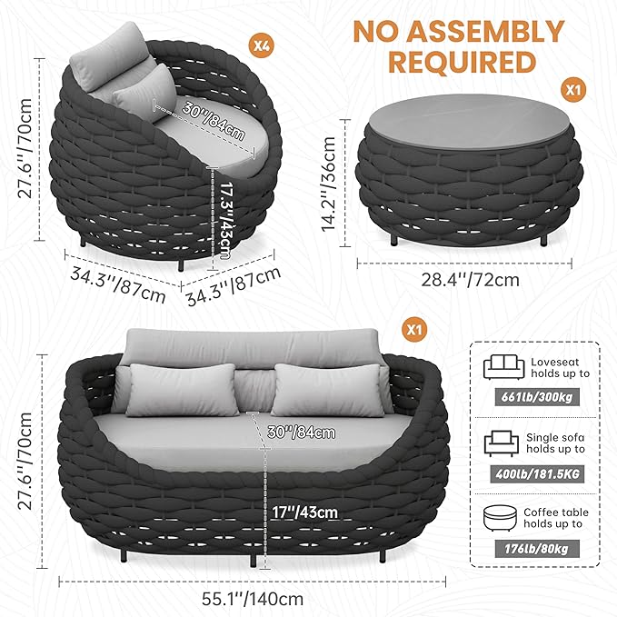 Erotr Aluminum Porch Outdoor Furniture Set: 6 Pieces Rope Patio Conversation Sofa Set - Modern Woven Deck Couch Set Cushioned - No Assembly All Weather Seating for 660lbs Yard Garden Lanai Hotel Pool