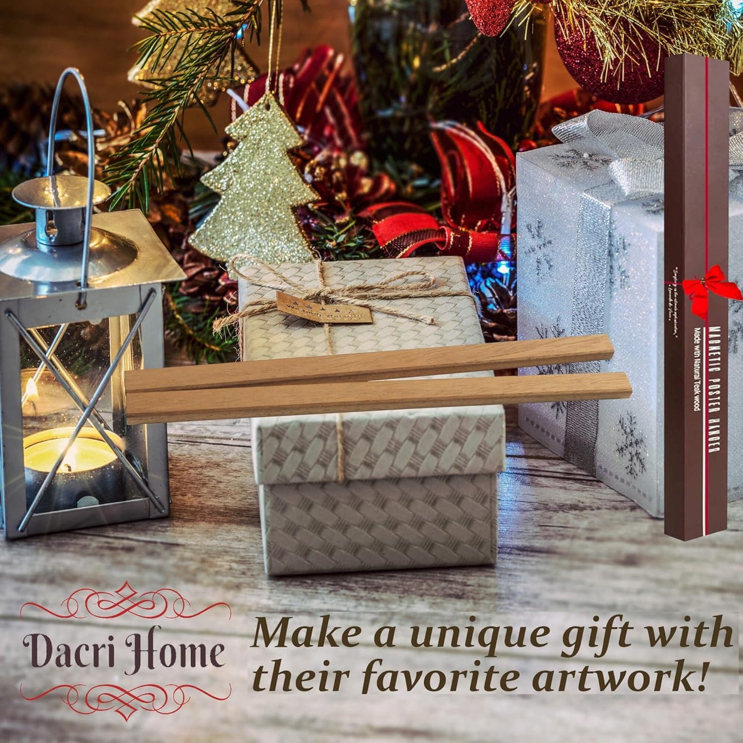 DACRI HOME 44" Magnetic Poster Hanger Frame - Sturdy Teak Wood Poster Frame, Strong Magnets for Safe Hanging Map Picture Print Scroll Wall Art 44x18 44x24 44x34 (44 Inch, Natural Wood)