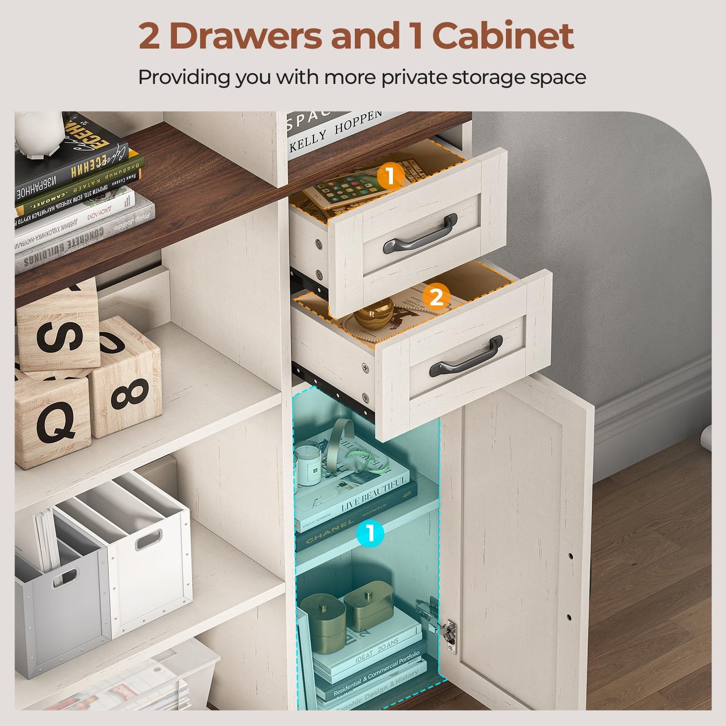 UPOSOJA 7-Shelf Farmhouse Corner Bookshelf with Lockers & Drawers, 71" L-Shaped Large Storage Shelf Display Rack for Bedroom, Living Room, Home Office (White Brown)