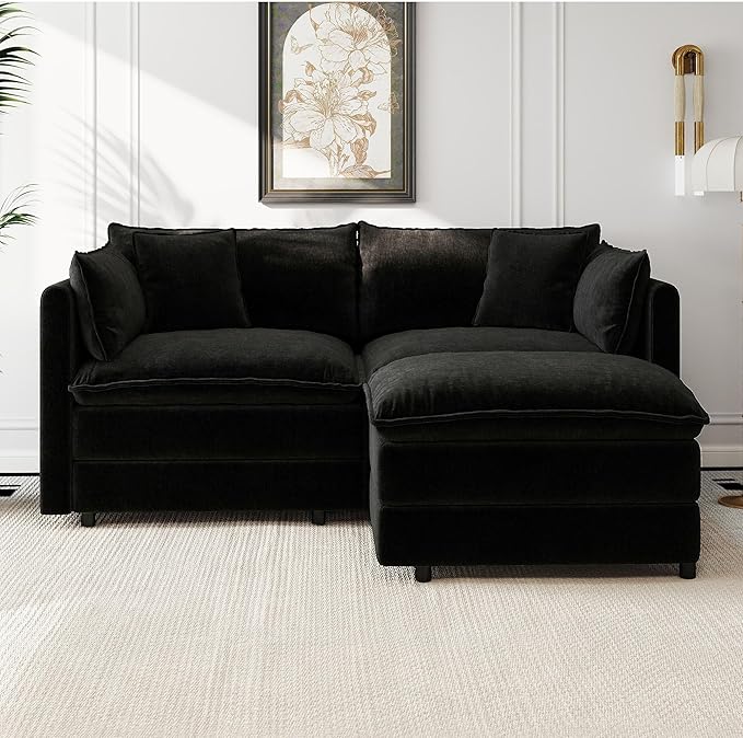 Aoowow Modular Sectional Sofa Modern Convertible Loveseat Couch,77.16 Inch Deep 2-Seater Sofas Comfy Chenille Cloud Sofas and Couches Set with Movable Ottoman for Living Room Apartment（Black）
