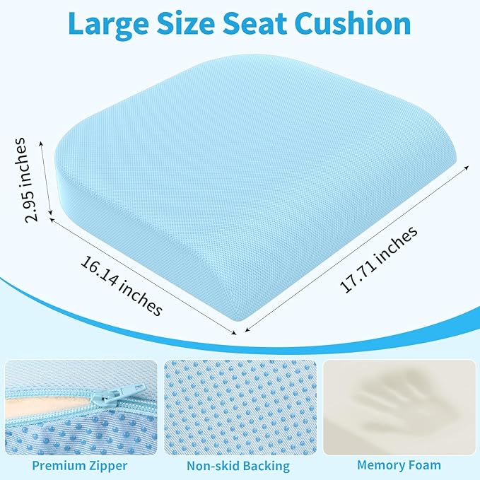 TranquilRelax Large Seat Cushion, Memory Foam Cushion for Long Sitting Hours on Office Chair, Home & Car, Non-Slip Chair Pad for Relieving Back & Sciatica & Hip & Coccyx Pain (Light Blue)