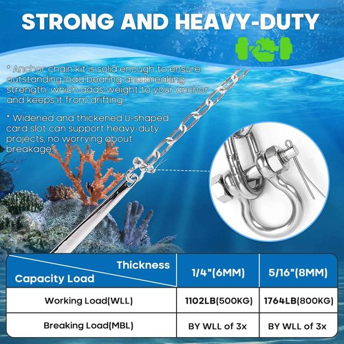 hannger 5/16" x 10' Anchor Chain Kit, 316 Stainless Steel Marine Grade Boat Anchor Chain, Heavy-Duty Anchor Lead Chain w/ 2 Pcs Anti-Off Double Shackle Link Ends for Boat, Pontoon, Deck, Fishing
