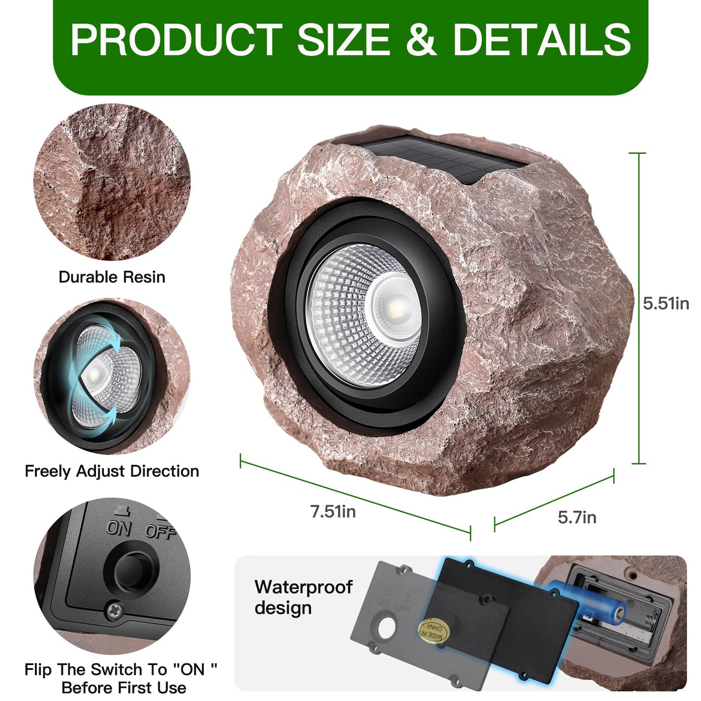Timeflies Solar Rock Lights Outdoor, 1 Pack Super Bright Solar Spot Lights Outdoor IP65 Waterproof Yard Lights, Auto On/Off Garden Lights for Paths, Sidewalks, Yards, Landscapes, Patios