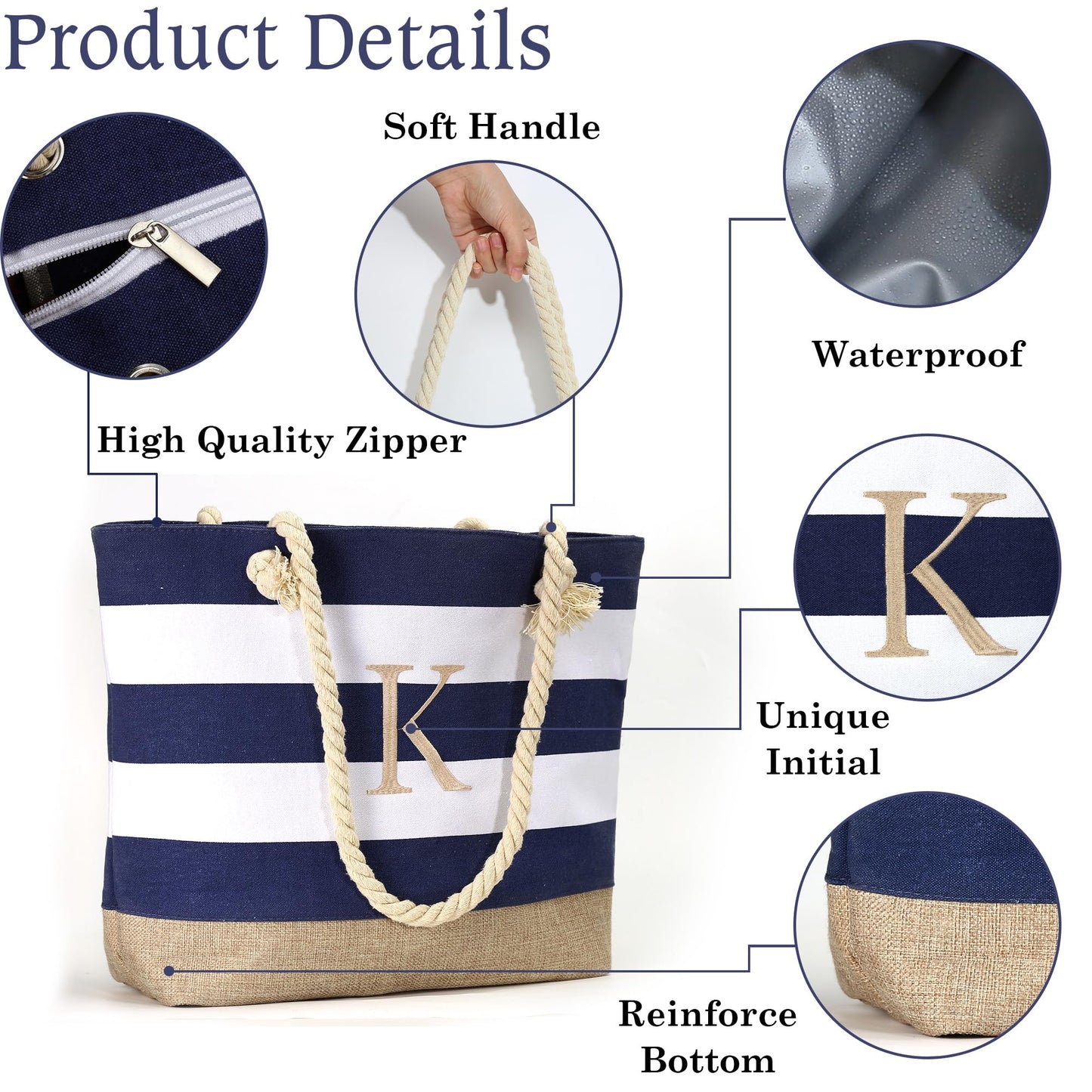 YOOLIFE Travel Tote Bag for Women - Monogram Beach Bag with Zipper Makeup Bag Travel Essentials Personalized Birthday Gifts for Women Her Wife Girlfriend Mom Friend Bridal Shower Bridesmaid Gifts J