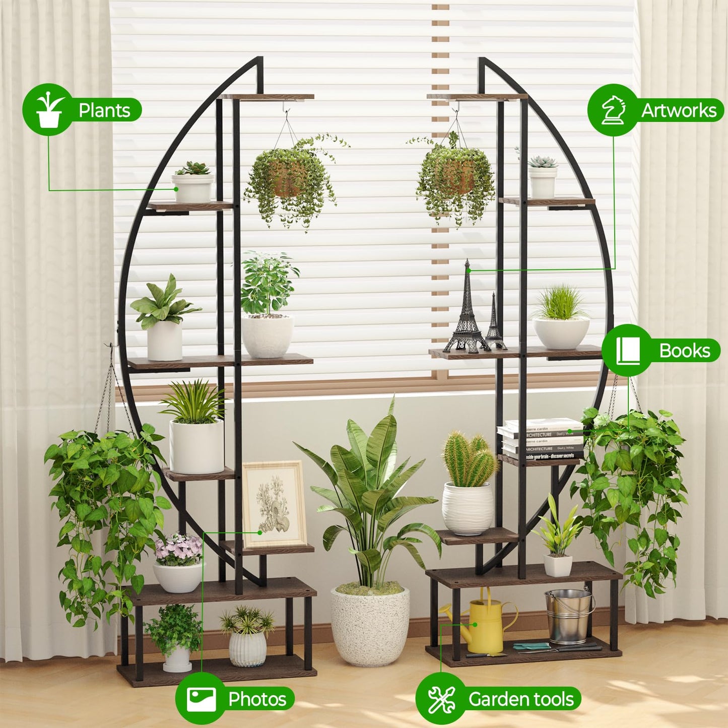 BLAZPATH Plant Stand Shelf Rack Indoor with 6 Built in Grow Light, 7 Tier 65" Tall Pair Large Half Moon Lighted Plant Stand with Hanging Hook, 2 Black Circle Sturdy Tiered Herb Shelving with Lighting