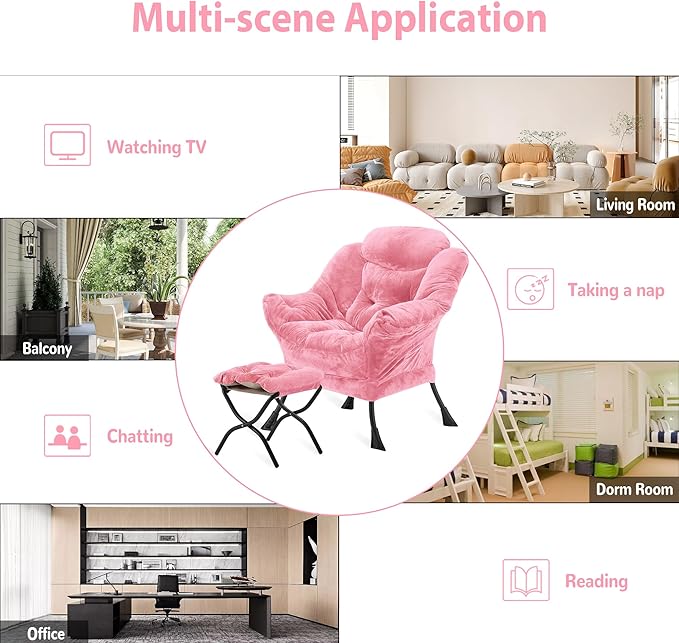 Youtanic Lazy Chair with Folding Ottoman, Accent Chair Plush Upholstered with Metal Structure and Non-Slip Pads, Sofa Armchair with Footrest and Side Storage Bag for Dorm, Room, Office, Pink