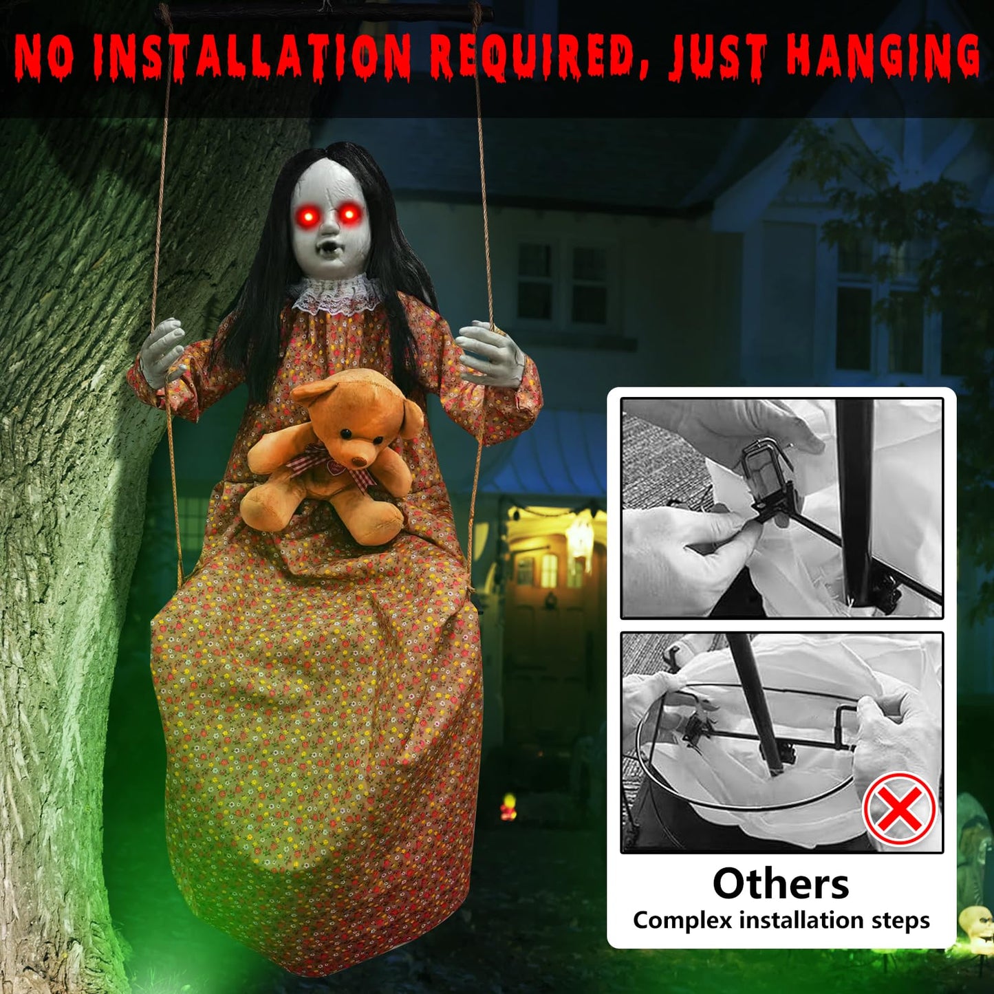 Scary Halloween Decorations Outdoor, Halloween Hanging Swinging Doll Girl with Sound & Slap Activated, Light Up Eyes Creepy Sound Expressions, Large Scary Halloween Decor Props for Indoor Outside