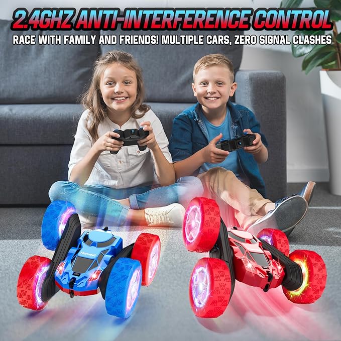 Remote Control RC Car for Kids 6-12, High-Speed 4WD Stunt Car with LED Lights & 360° Rotation, 2.4GHz Off-Road Vehicle Toy with Rechargeable Battery, Cool Christmas and Birthday Gift for Boys