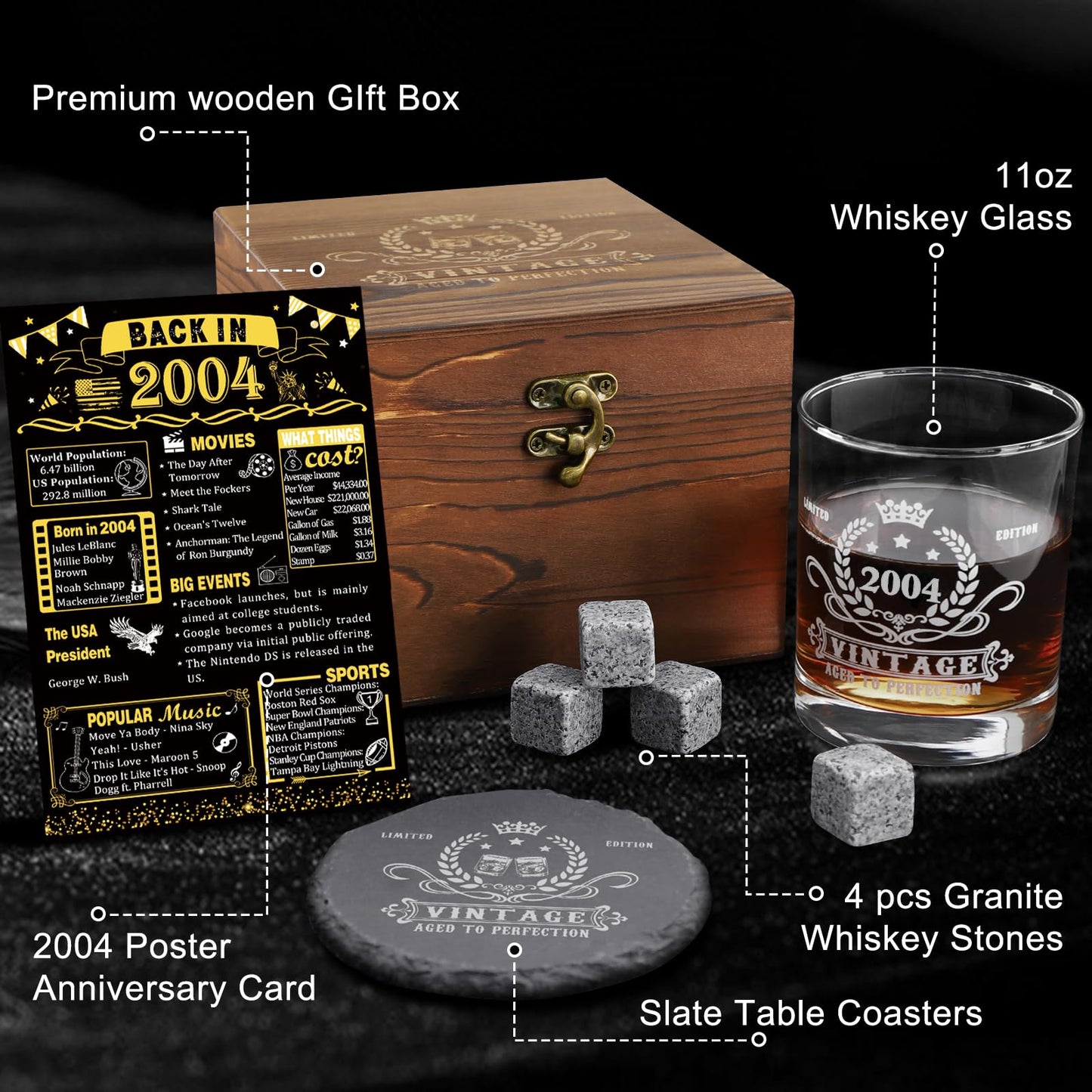 YeohJoy 21st Birthday Gifts for Him,Vintage 2004 Whiskey Glass Set,Wood Box &2004 Poster Anniversary Card & Whiskey Stones & Coaster,Bday Gifts Ideas for Him, Dad, Husband