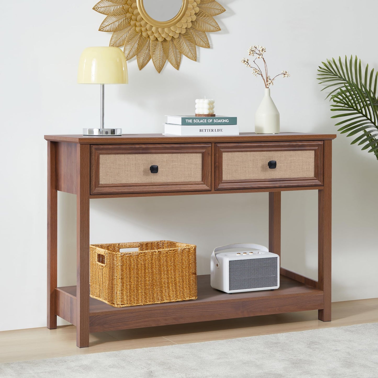 Boho Console Table with Burlap Rattan Drawers, 2 Tier Modern Narrow Entryway Table Foyer Table with Open Storage Shelves, Hallway Accent Table Behind Couch Table for Living Room, Walnut