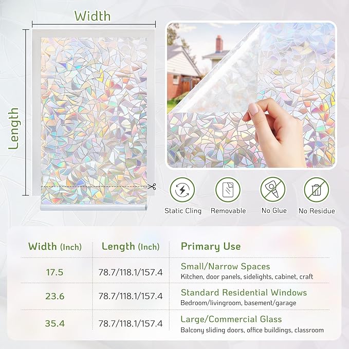 LUTE Window Privacy Film, Rainbow Window Film, 3D Decorative Stained Glass Cling, Non-Adhesive Vinyl Static Cling Removable Glass Stickers, Sun UV Blocking Decal Covering for Home, 23.6 x 118.1 inches