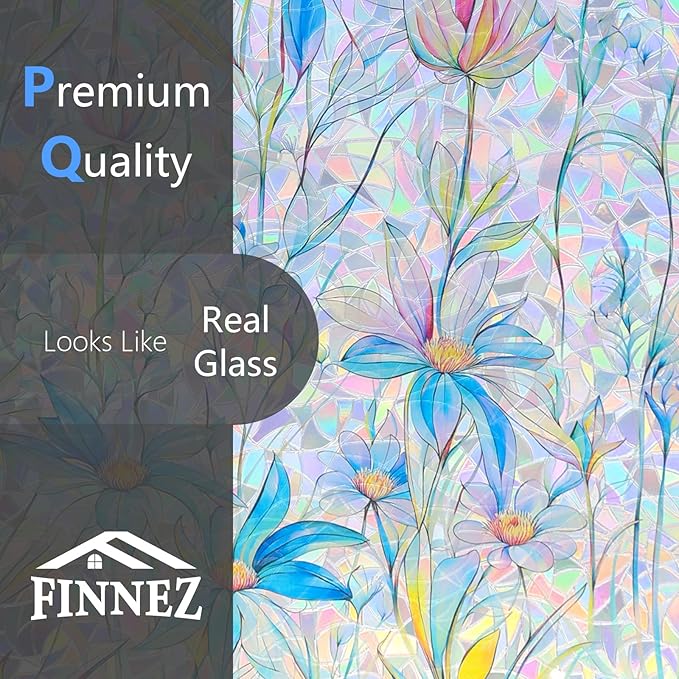 FINNEZ Window Privacy Film Stain Glass Film Flowers Rainbow Window Film Window Clings Non-Adhesive Reusable Decorative for Home（Blue Lotus，35.4 Inch x 13.1 Feet）